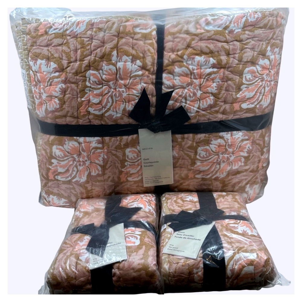 NWT West Elm King Cal King Quilt 2 King Shams Floral Terracotta Ochre LNFLRLQLT